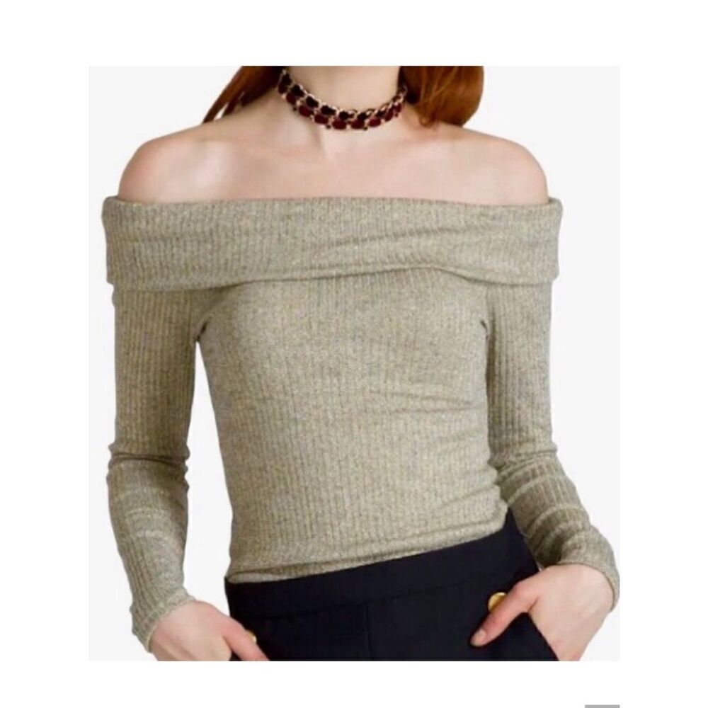 Sans Souci Metallic Off the Shoulder Knit Top in Pale Gold Women’s L